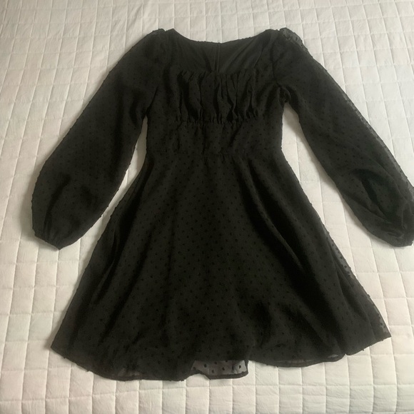 XS POLKA SWISS DOT MESH SQUARE NECK LANTERN BISHOP SLEEVE CHIFFON DRESS - Picture 3 of 5